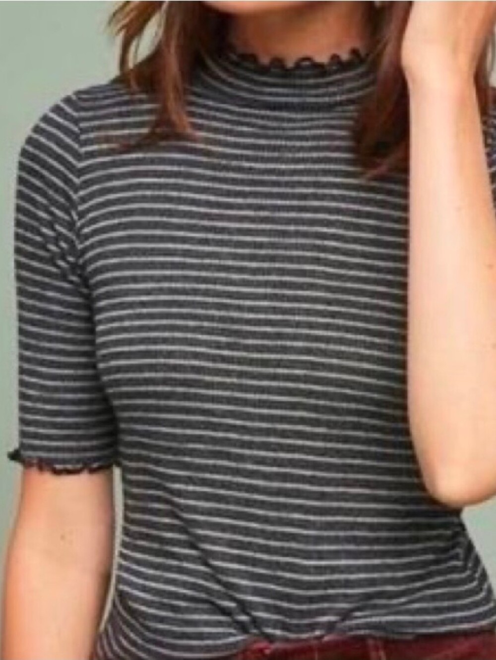 Anthropologie Gray and White Striped Ribbed Mock Neck Sweater